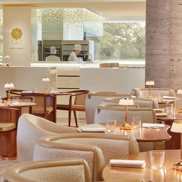 An elegant dining area with neutral-toned chairs and wooden tables, offering a view of the open kitchen and chefs at work under soft, golden lighting.