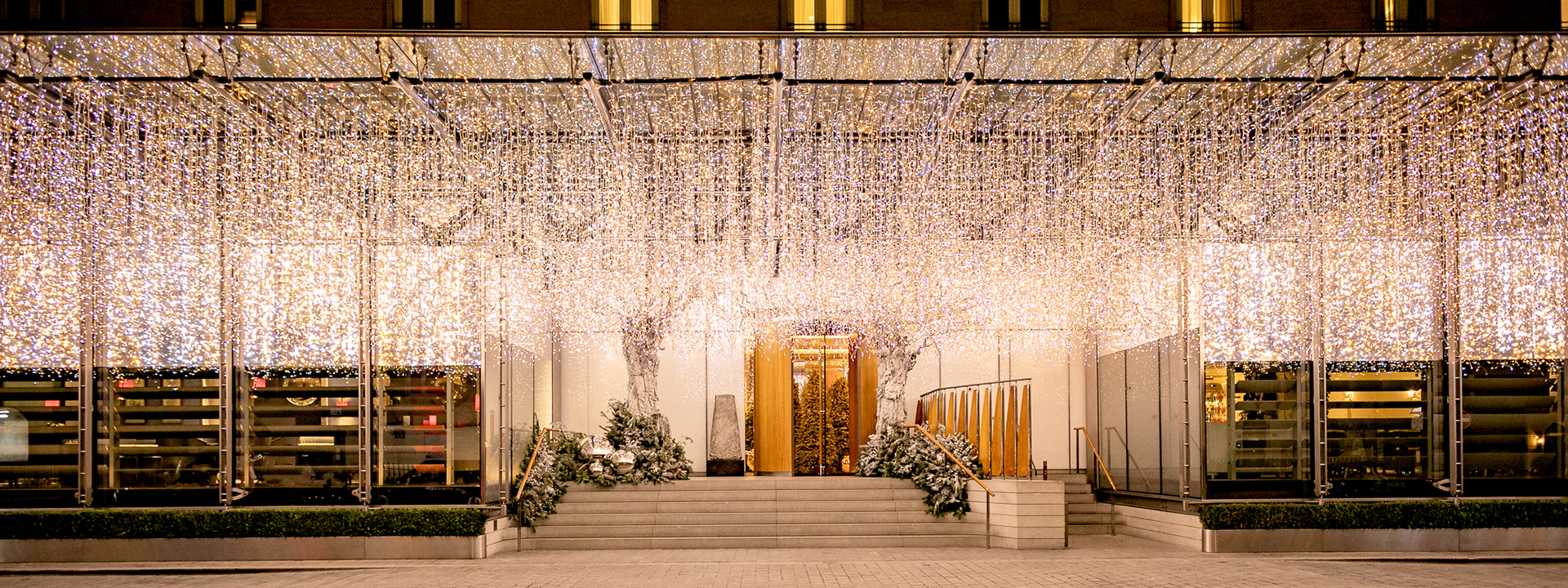 For the holiday season, the entrance to The Berkeley hotel is richly decorated with Christmas decorations.