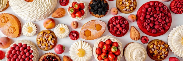 Cedric Grolet summer collection, flat lay of a selection of patisserie.