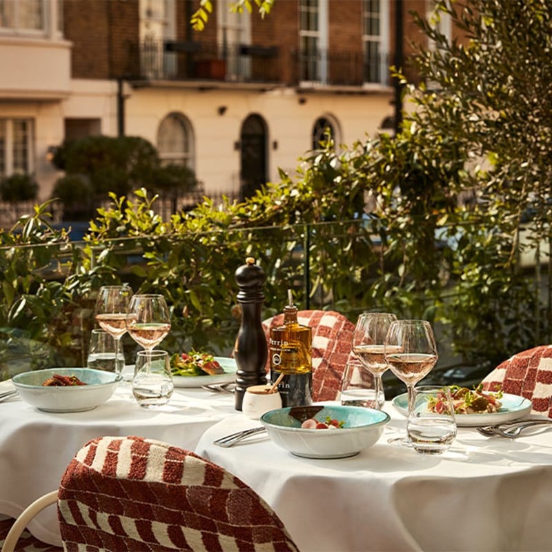 Close-up of a sunlit outdoor table set for four, featuring salads, wine glasses, olive oil, and a pepper mill, with leafy surroundings.
