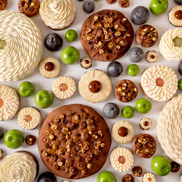 An elegant display of assorted pastries and desserts, arranged artfully with contrasting textures, featuring chocolate, cream, and nut toppings, alongside vibrant green and black fruits.