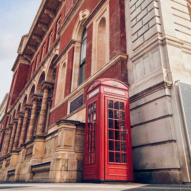 Iconic London red telephone box next to the Albert Hall