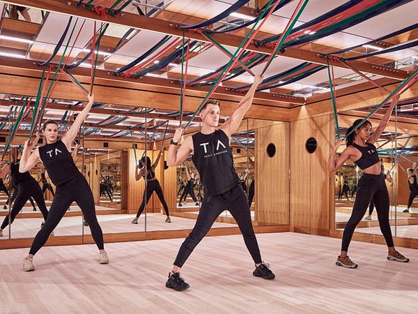 Three trainers pulling down exercise cables in Tracy Anderson exercise studio