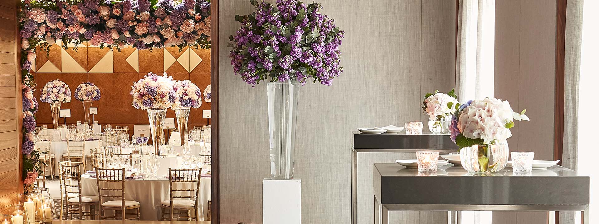 Luxurious floral arrangements in lilac, pink and champagne colours in the Belgravia Room at The Berkeley.