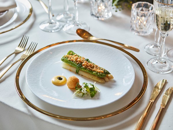 A dish with asparagus from the private event menu at The Berkeley