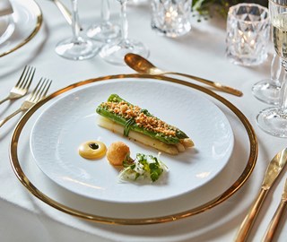 A dish with asparagus from the private event menu at The Berkeley