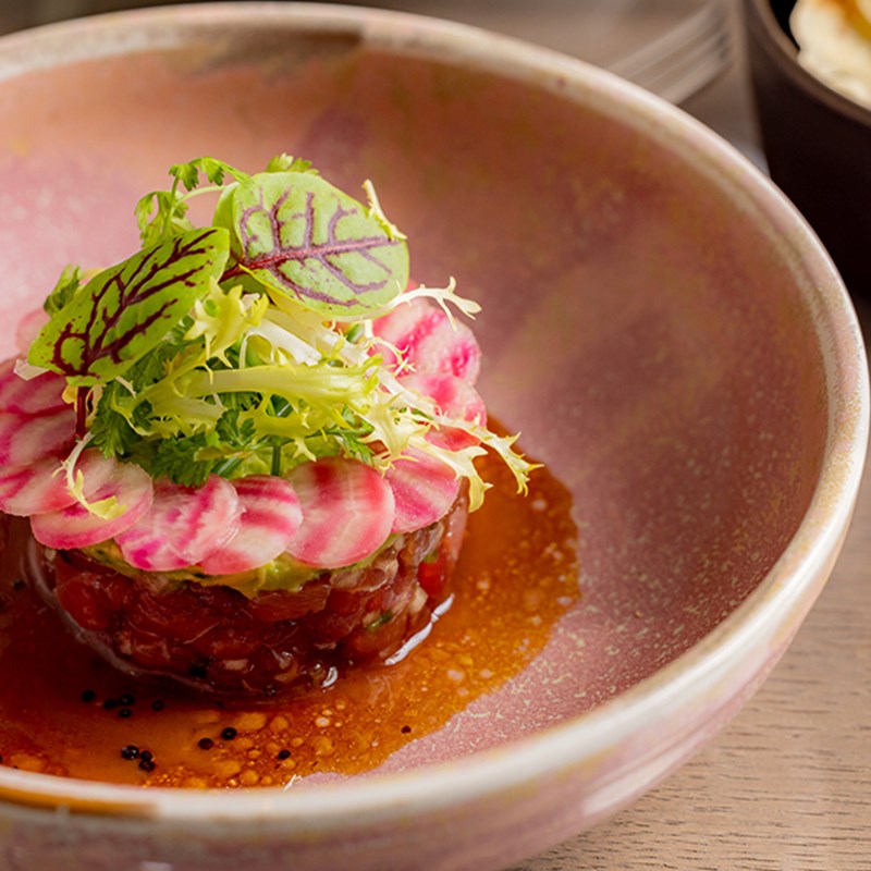 A beef tartare beautifully dressed at the Collins Room at The Berkeley