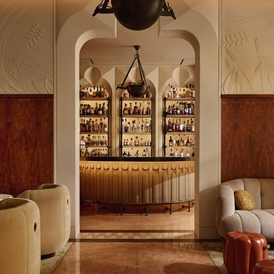 The Berkeley Bar’s intimate setting captured through a grand arched doorway, revealing the curved statement bar beneath dramatic lighting and flanked by artful plasterwork and wood panels.