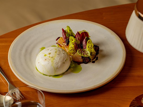 Burrata with seasonal salad leaves and citrus segments, dressed with olive oil on a ceramic plate.