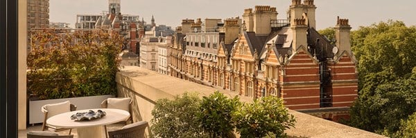 An elevated terrace offering panoramic views of classic London architecture and treetops, with a round dining table surrounded by greenery.