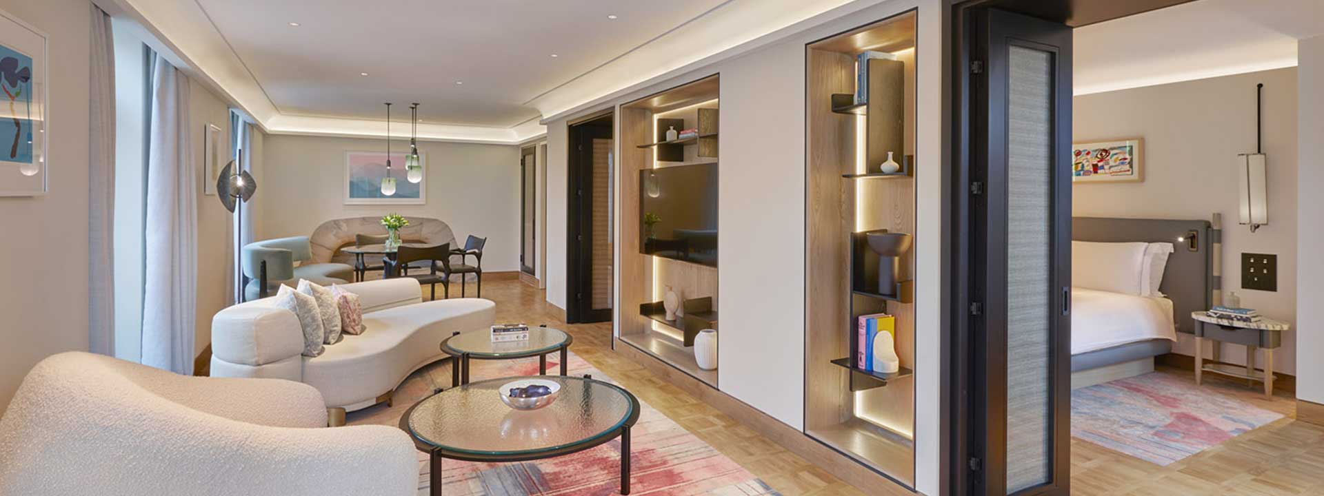 The appearance of contemporary comfort in the Knightsbridge Suite, in the living room in natural tones of the interior.