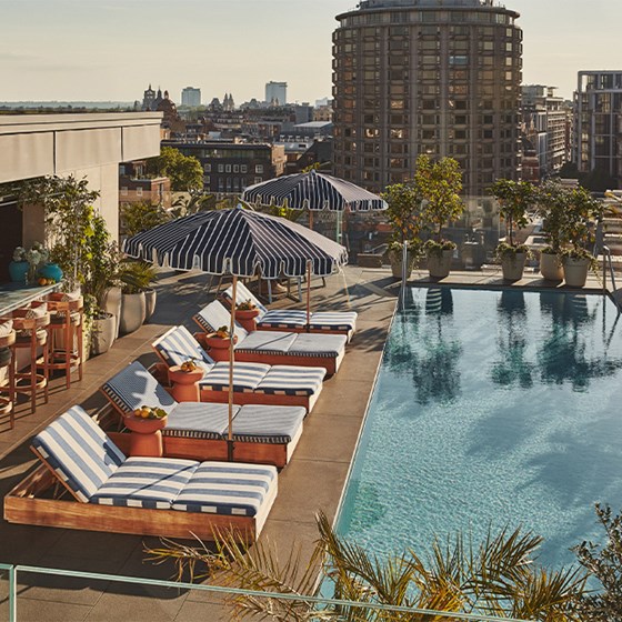 Rooftop poolside lounge at The Berkeley with striped sun loungers, parasols, and fruit bowls, overlooking a city skyline under clear skies.