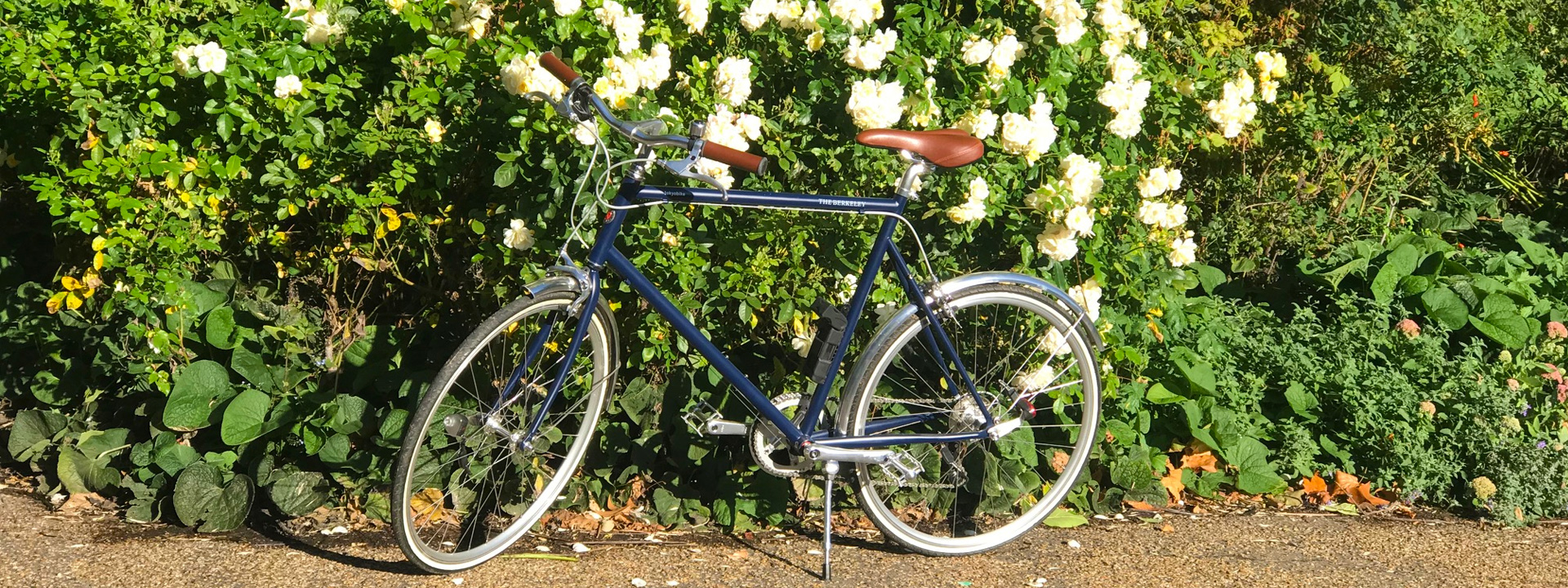 Blue colour, custom-made tokyobike - Berkeley Bike with brown seat photographed in front of white roses.