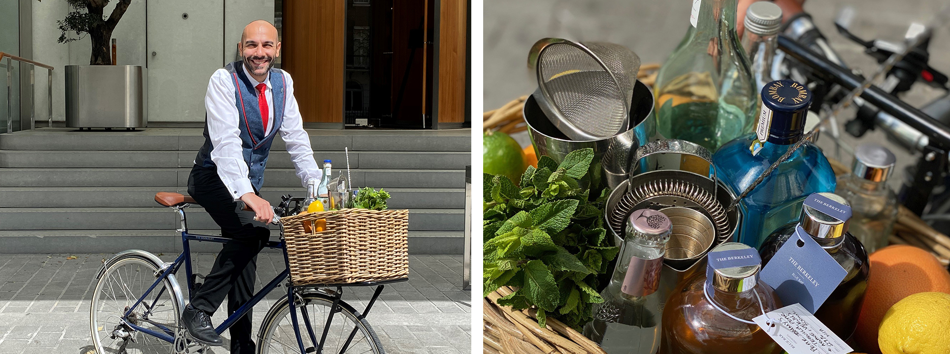 An employee riding a Blue Bar bike whose basket contains mixed drinks for the cocktail delivery service.